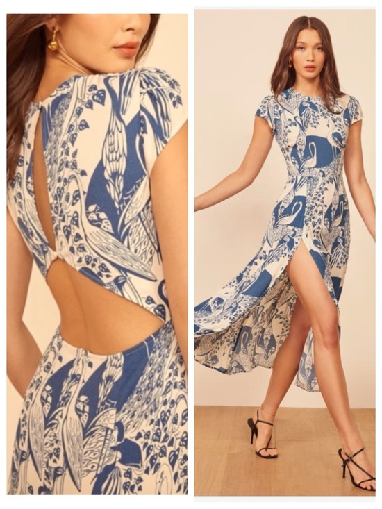 Reformation Dresses & Skirts - REFORMATION Gavin Open Back Midi Dress w/ Slit in Avian Blue & Cream, Size 8